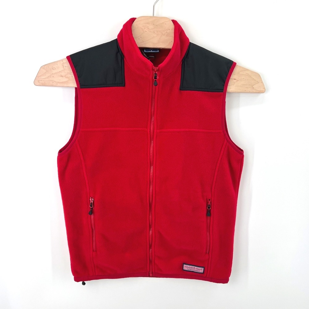 Vineyard Vines Fleece Full Zip Vest Small Polyester Red Black Coastal Preppy S